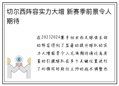 切尔西阵容实力大增 新赛季前景令人期待