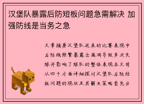 汉堡队暴露后防短板问题急需解决 加强防线是当务之急