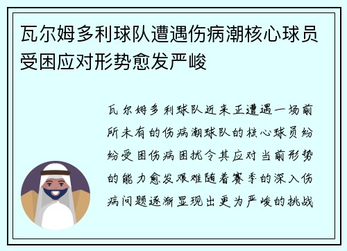 瓦尔姆多利球队遭遇伤病潮核心球员受困应对形势愈发严峻