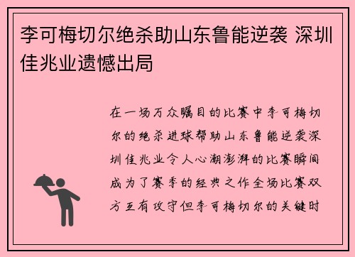 李可梅切尔绝杀助山东鲁能逆袭 深圳佳兆业遗憾出局