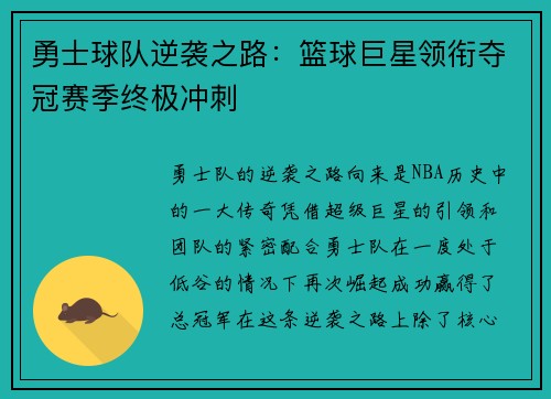 勇士球队逆袭之路：篮球巨星领衔夺冠赛季终极冲刺